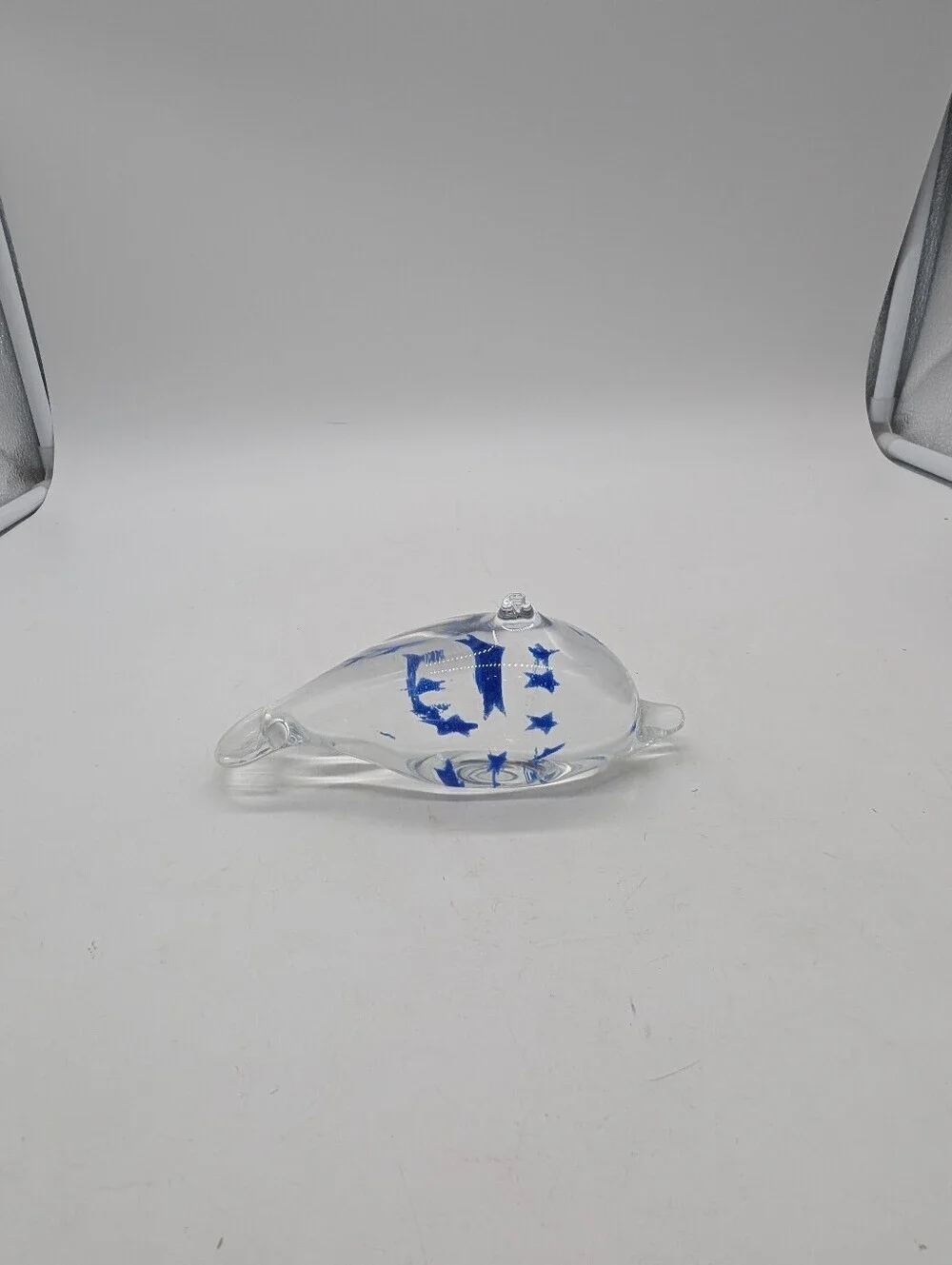 Vintage Hand Blown Art Glass Dolphin Figurine Paperweight Clear with Blue Stars